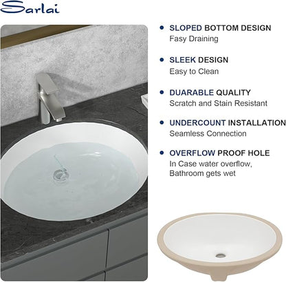 Sarlai Undermount Bathroom Sink - 19 x16 inch Oval Vessel Sink Under counter Lavatory Sink White Ceramic Vanity Sink with Overflow, Modern Art Basin, Interior Size 17-2/5" x 14-1/9"