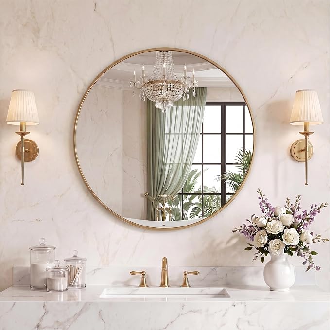 Sweetcrispy 28 Inch Round Wall Mirror, Bathroom Mirrors for Over Sin | Matte Metal Framed, Wall Decor for Bedroom, Entryway, Anti-Rust, Tempered Glass, Hanging or Leaning, Gold