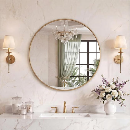 Sweetcrispy 28 Inch Round Wall Mirror, Bathroom Mirrors for Over Sin | Matte Metal Framed, Wall Decor for Bedroom, Entryway, Anti-Rust, Tempered Glass, Hanging or Leaning, Gold