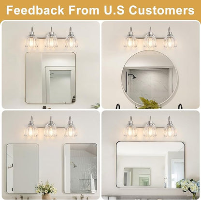 Bathroom Light Fixtures (3-Light, 20 Inch), Brushed Nickel Vanity Lights for Bathroom with Ribbed Clear Tulip Glass Shade, Vintage Vanity Wall Lights for Mirror Bedroom Living Room Hallway