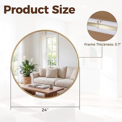 NEWBULIG 24 Inch Round Wall Mirror, Bathroom Mirrors for Over Sink, Matte Metal Framed Circle Vanity Mirror, Wall Decor for Bedroom, Anti-Rust, Tempered Glass, Hanging or Leaning, Classic Gold