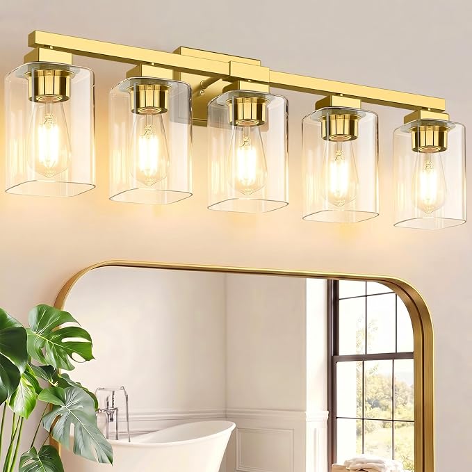 31” Bathroom Light Fixtures Over Mirror, 5-Light Gold Vanity Light | Square Clear Glass & Durable Metal, Quick & Easy Installation, Standard E26 Socket, Bright Bathroom Lighting