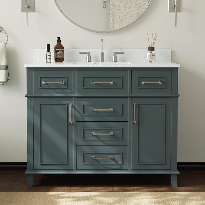 42 Inch Bathroom Vanity with Sink, Fully Assembled, Green | Solid Wood Single Sink Bathroom Vanity, Modern Bathroom Sink Cabinet, Soft Close Doors & Dovetail Drawers, 0.78" Stone Top