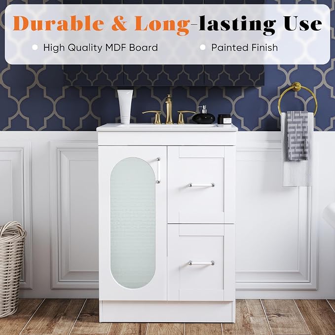 Sweetcrispy 24 Inch Bathroom Vanity with Sink, Bathroom Storage Cabinet | Modern Ceramic Basin Undermount 1-Door 2-Drawer Freestanding Combo Set, Ivory