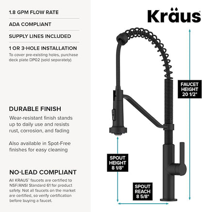 KRAUS Oletto Commercial Style 2-Function Single Handle Pull Down Kitchen Faucet in Matte Black, KPF-2643MB