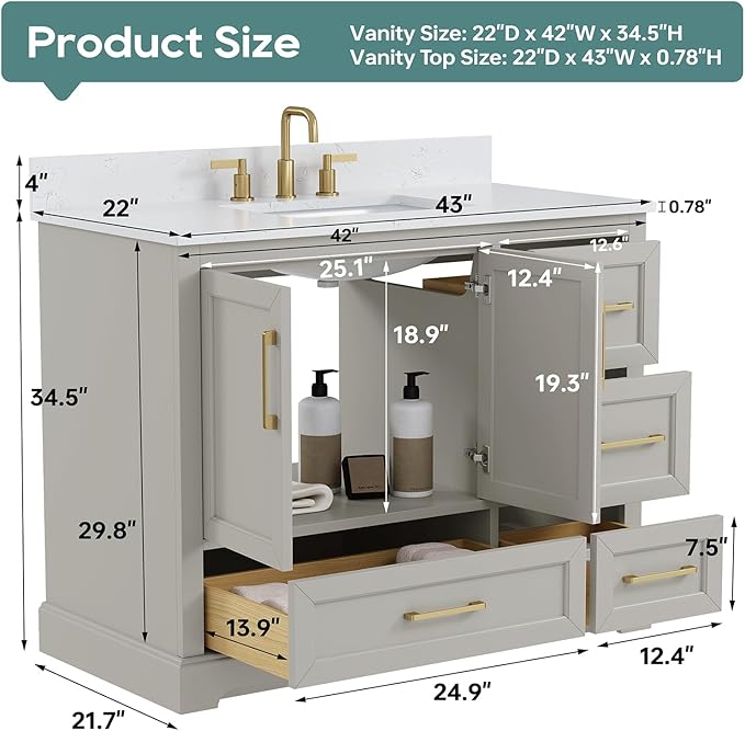 42 Inch Bathroom Vanity with Sink Combo, Solid Wood Frame with Stone Top & Backspalsh, Fully-Assembled with Soft-Closing Doors & 4 Drawers, Greige