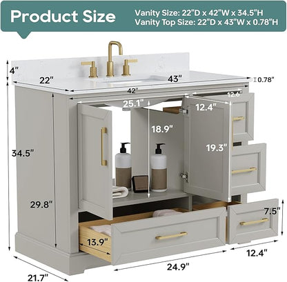 42 Inch Bathroom Vanity with Sink Combo, Solid Wood Frame with Stone Top & Backspalsh, Fully-Assembled with Soft-Closing Doors & 4 Drawers, Greige