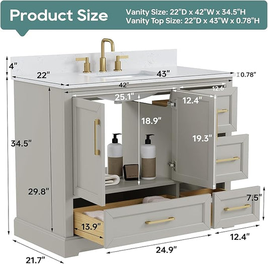 42 Inch Bathroom Vanity with Sink Combo, Solid Wood Frame with Stone Top & Backspalsh, Fully-Assembled with Soft-Closing Doors & 4 Drawers, Greige