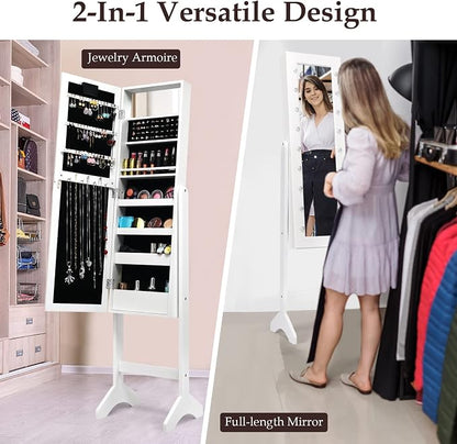 Moccha 18 LEDs Standing Jewelry Armoire, Large Lockable Jewelry Organizer, Mirrored Jewelry Cabinet with Full Length Mirror, 1 Inside Makeup Mirror, 4 Storage Shelves, 16 Lipstick Holders, White