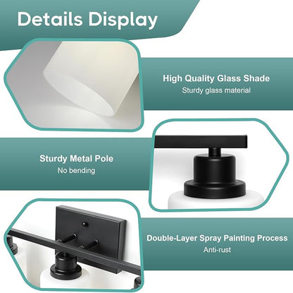 Ascher Bathroom Light Fixtures, 3-Light Vanity Light Over Mirror, Black Wall Sconces with Milky White Frosted Glass Shades, Wall Lamp for Living Room Bedroom, E26 Base(Bulbs Not Included)