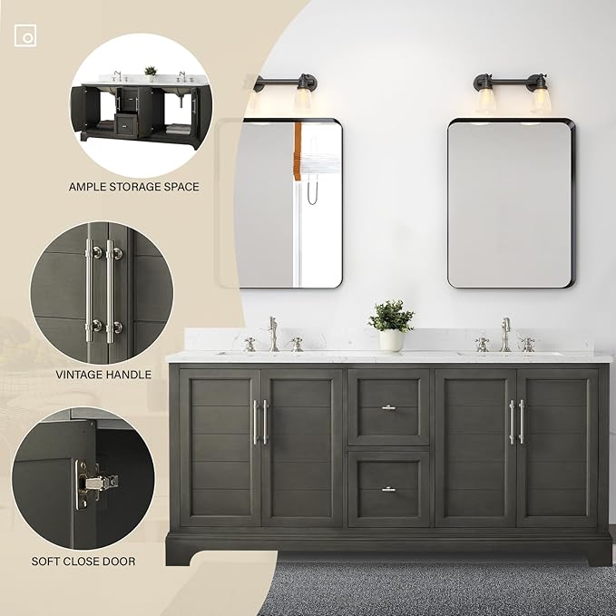 HOMEBEYOND 72 Inch Bathroom Vanity with Double Sink & Ceramic Top, Vanity Cabinet with Center Countertop Basin, Soft-Closing Doors, Backsplash, Sliver Grey