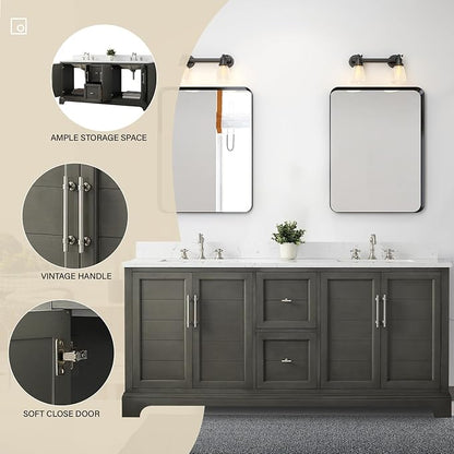 HOMEBEYOND 72 Inch Bathroom Vanity with Double Sink & Ceramic Top, Vanity Cabinet with Center Countertop Basin, Soft-Closing Doors, Backsplash, Sliver Grey
