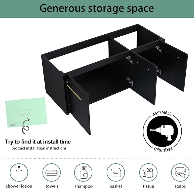 48 Inch Floating Bathroom Vanity,48" Bathroom Vanity Without Sink,Modern Vanity Cabinet,Black Wall Mounted Cabinet(Sink Basin Not Included)
