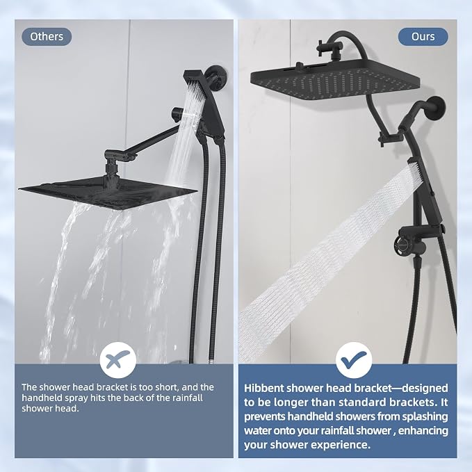 Hibbent 5-Mode 13" Rain Shower head, 4-Spray Handheld Shower, Matte Black | cUPC Certified High Pressure Showerhead Combo, All Metal 4-way Diverter Extension Arm & Handheld Spray, 71'' Hose & Holder