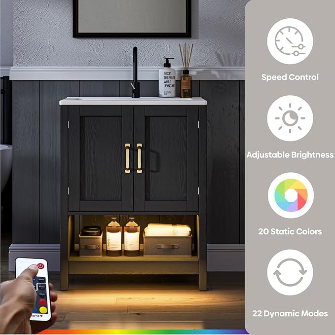24 Inch Bathroom Vanity with Sink, Small Modern Bathroom Cabinet with LED Light, Bathroom Vanity Set, Double Soft Closing Cabinet Door with Organizer, Black