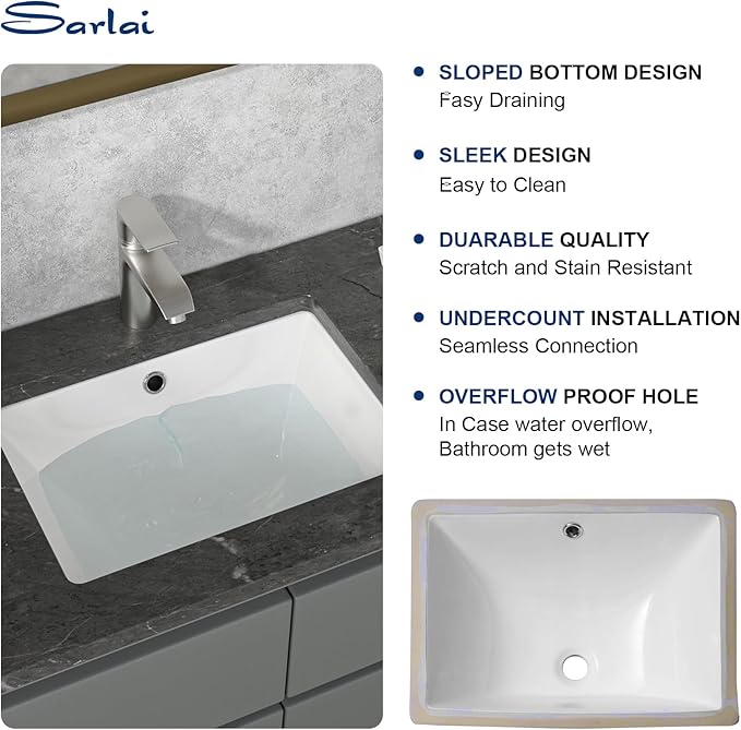 Sarlai Bathroom Sink Undermount - 18.5" Pure White Rectangle Undermount Sink Porcelain Ceramic Lavatory Vanity Bathroom Sink
