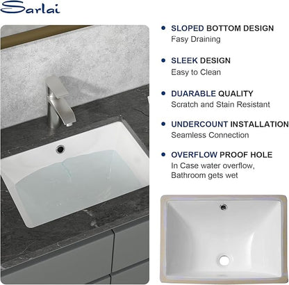 Sarlai Bathroom Sink Undermount - 18.5" Pure White Rectangle Undermount Sink Porcelain Ceramic Lavatory Vanity Bathroom Sink