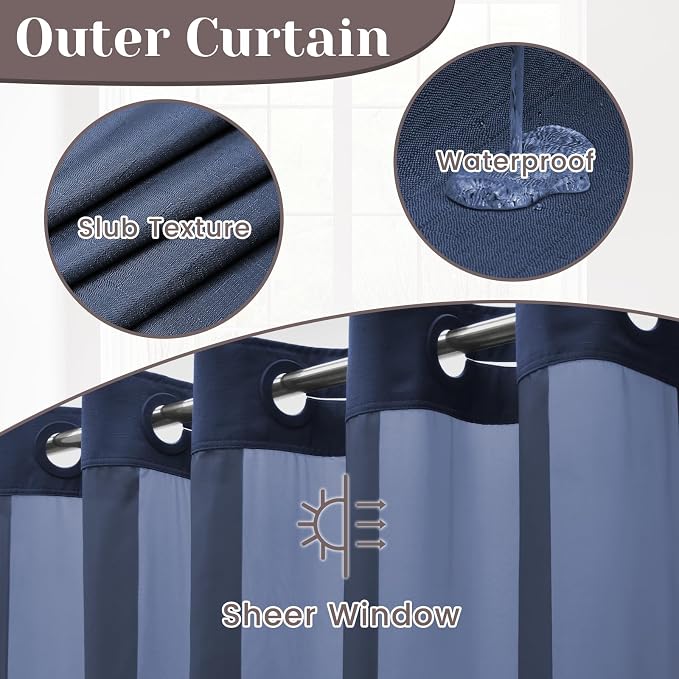 SORTTO No Hook Slub Shower Curtain with Liner, 71x74, Navy | Snap in Liner, 3 in 1, Bamboo Texture, Hotel Style, Waterproof Fabric, Mesh Top Window, Corner Magnets, Machine Washable