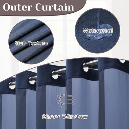 SORTTO No Hook Slub Shower Curtain with Liner, 71x86, Navy | Snap in Liner, 3 in 1, Bamboo Texture, Hotel Style, Waterproof Fabric, Mesh Top Window, Corner Magnets, Machine Washable