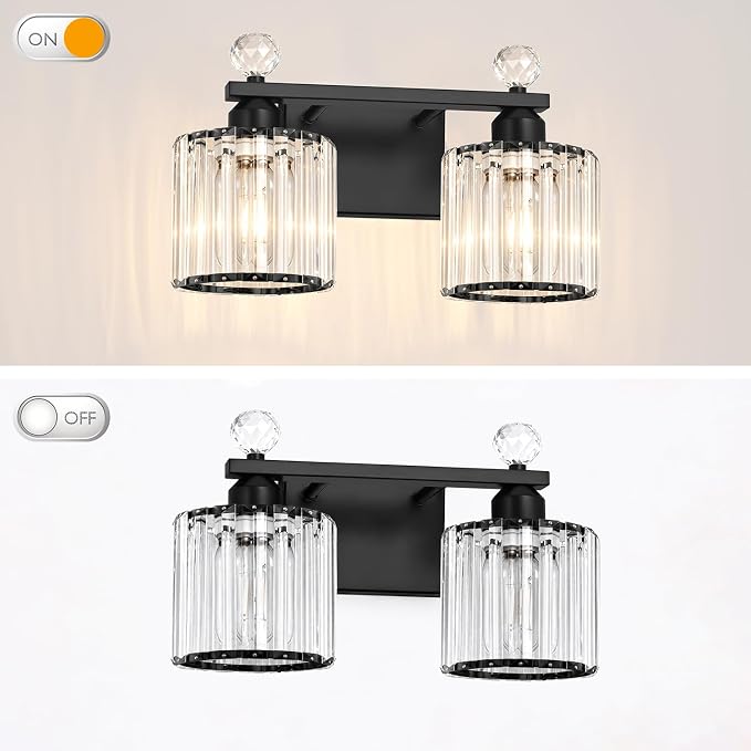 Lxybcce Modern Crystal Bathroom Vanity Light, 14In 2-Lights Bathroom Light Fixtures, Black Vanity Light Fixtures Over Mirror, Easy Installation & Shadow-Free Illumination for Bathroom Mirror Decor