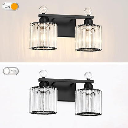 Lxybcce Modern Crystal Bathroom Vanity Light, 14In 2-Lights Bathroom Light Fixtures, Black Vanity Light Fixtures Over Mirror, Easy Installation & Shadow-Free Illumination for Bathroom Mirror Decor