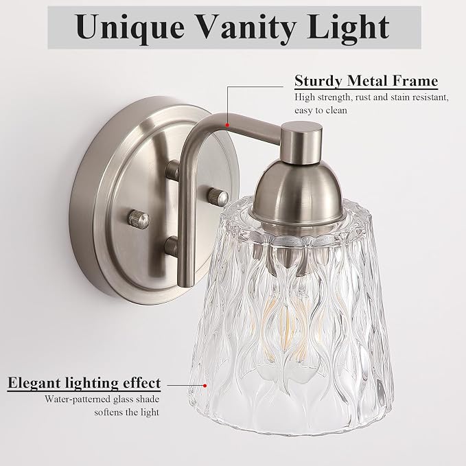 Mecgirn Stainless Steel Bathroom Vanity Light Over Mirror, 1 Light Brushed Nickel Bathroom Light Fixtures with Textured Glass Shades, Modern Vanity Lighting Wall Mount