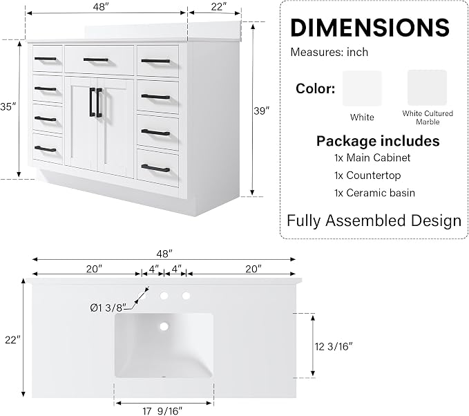 48-Inch Bathroom Vanity with Sink W/ 2 Doors & 8 Drawers & 1 Flip Drawer, White Vanity W/Matte Black Handles