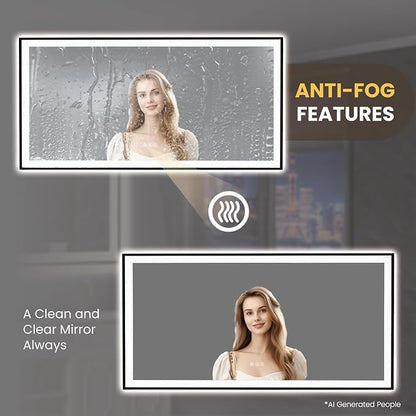 LOAAO 72"X36" LED Bathroom Mirror Black Framed | Anti-Fog, Dimmable, Memory Function, Tempered Glass, Lighted Vanity Mirror for Wall