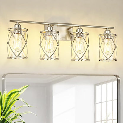 4-Light Brushed Nickel Bathroom Light Fixtures, 29 Inch Modern Bathroom Vanity Lighting Fixtures Over Mirror with Clear Glass and Metal Cage Wall Sconce Lights for Bath, E26, CH9176BN-4W