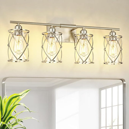4-Light Brushed Nickel Bathroom Light Fixtures, 29 Inch Modern Bathroom Vanity Lighting Fixtures Over Mirror with Clear Glass and Metal Cage Wall Sconce Lights for Bath, E26, CH9176BN-4W