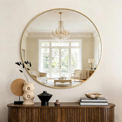 DUMOS 36 Inch Round Wall Mirror, Bathroom Mirror, Gold | Metal Frame, Tempered Glass & Anti Rust Metal Frame, Decor for Bathroom Vanity Bedroom Entryway