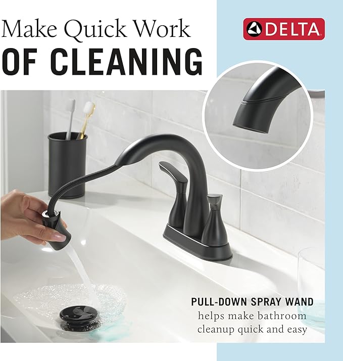 Delta Broadmoor Centerset Matte Black Bathroom Faucet with Sprayer, 4 Inch 3 Hole Bathroom Sink Faucet with Pull Out Sprayer, Push-Pop Drain, Matte Black 25765LF-BLPD