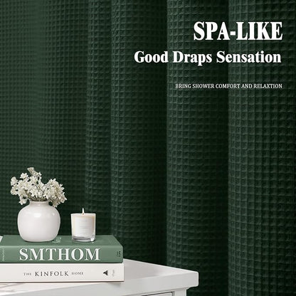 Waffle Weave Shower Curtain Heavyweight Cotton Fabric Dark Green 72Wx72L | Soft Cotton Cloth,3D Square Truely Waffle Washable, Hotel Luxury Spa, Shower Curtain Set for Bathroom 12 Plastic Hooks