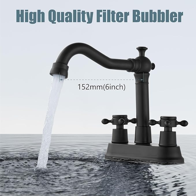 Aolemi 4 Inch Centerset Bathroom Sink Faucet Vintage 2 Cross Handle RV Mixer Tap Basin Vanity Lavatory Utility for Sink 3 Hole Include Hoses Pop Up Drain Faucet Handle Without Label Matte Black