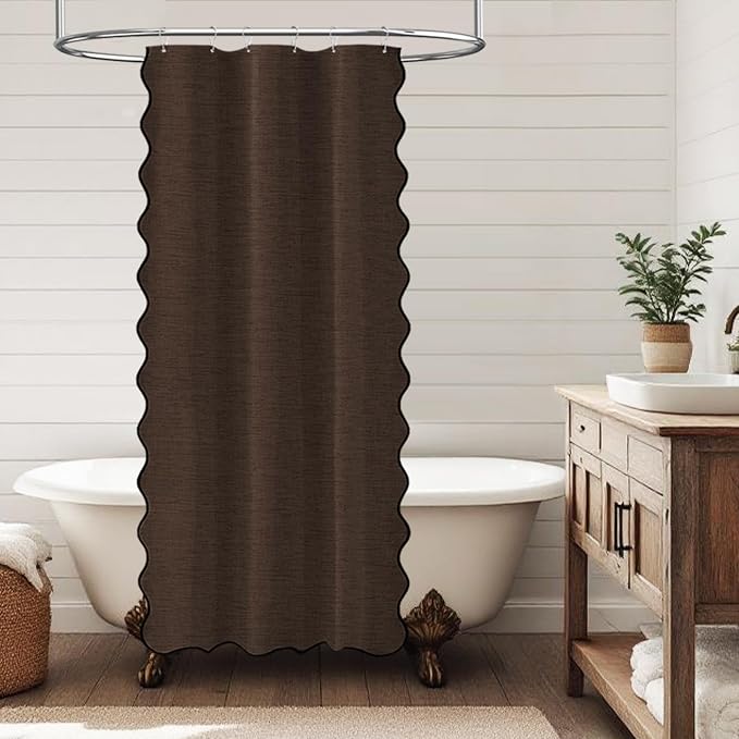 BTTN Stall Boho Scalloped Linen Textured Cloth Shower Curtain, 36x72, Brown | Half Size, 230GSM Waterproof Polyester, Heavy Duty Fabric, 6 Plastic Hooks, Elegant Modern Farmhouse Style, Machine Washable