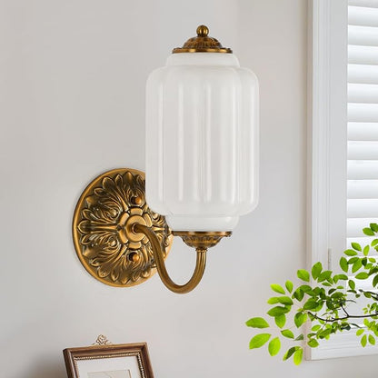 Milk Glass Sconce Vintage Vanity Sconces Brass, Bulb Included | Milk Glass Art Deco Antique Wall Sconce Wall Light for Bedroom Bathroom Living Room Entryway, Retro Gold and White 1 Pack