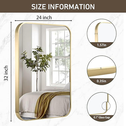 Gold Bathroom Mirror, 24x32 Inch Brushed Gold Mirror, Aluminum Alloy Framed Vanity Mirror, Rounded Rectangle Bathroom Mirror for Over Sink, Anti-Rust Wall Mirror (Horizontally or Vertically)
