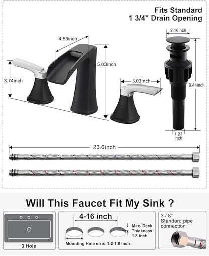 Fapully Bathroom Faucet 3 Hole, Waterfall 8 Inch Widespread Bathroom Sink Faucet with Pop-up Drain, Two-Handle Faucet for Bathroom Sink Matte Black&Chrome