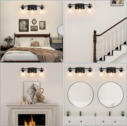 3-Lights Bathroom Vanity Light Fixtures, Modern Black Vanity Lights Over Mirror with Clear Glass Shade for Bathroom, Wall Mounted Lamp for Bedroom Hallway Living Room