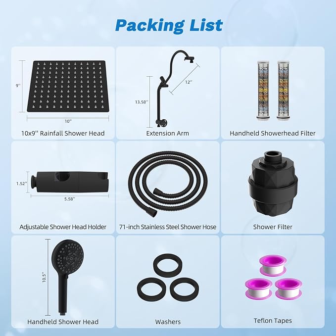 Hibbent 10" Dual Filtered 10" Rainfall Shower Head with Handheld 10-Spray | High Pressure Metal Matte Black Showerhead Combo with Filter, Extension Arm with 4-way Diverter, 71'' Shower Hose & Holder