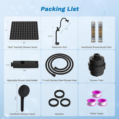 Hibbent 10" Dual Filtered 10" Rainfall Shower Head with Handheld 10-Spray | High Pressure Metal Matte Black Showerhead Combo with Filter, Extension Arm with 4-way Diverter, 71'' Shower Hose & Holder