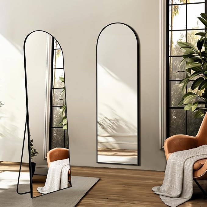 Arched Full Length Mirror, 56"x15" Standing Body Mirror for Wall, Black | Built-in Stand, HD Shatterproof Glass, Aluminum Alloy Frame, Hanging or Standing, for Bedroom, Living Room & Dressing Room