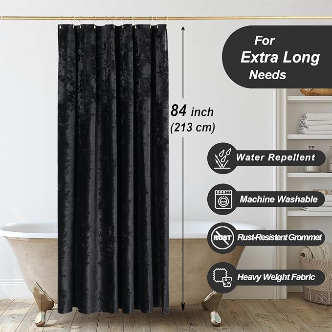 TAMGHO Extra Long Shower Curtain 84 inch Height, Crushed Velvet Tall Bathroom Curtain Set with 12 Gold Hooks, Luxury Thick Fabric, Machine Washable 72W x 84H, Black