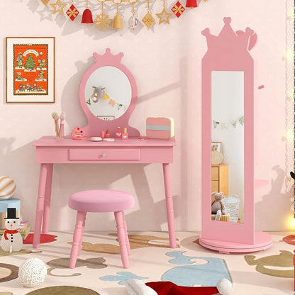 HONEY JOY Kids Jewelry Armoire Cabinet, 360 Degree Swivel Base Wooden Standing Jewelry Organizer w/Full-length Mirror and Clothes Rack, Children Dress Up Jewelry Cabinet for Little Girls (Pink)