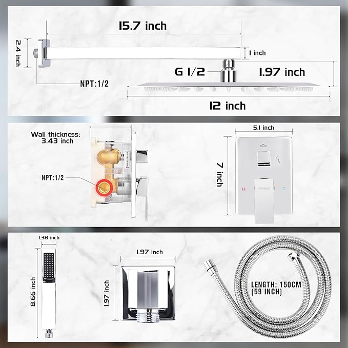 12 Inch Rainfall Shower System - Wall Mounted Complete Combo with Solid Brass Pressure Balancing Valve, High Pressure Shower Head, Handle Set & Installation Accessories Chrome