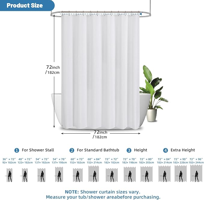 2-in-1 Waterproof Fabric Shower Curtain - No Separate Liner Needed, Hotel-Style Waffle Weave, Effortless Cleaning & Washable Bathroom Shower Curtain Set,72Wx72H,White