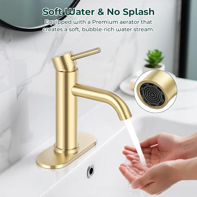Bathroom Faucet, Single Handle Vanity Sink Faucet, Brushed Gold | Brushed Gold, for 1/3-Hole, Stainless Steel, Ceramic Cartridge, Pop-Up Drain, Deck Plate, For Vanity Powder Laundry