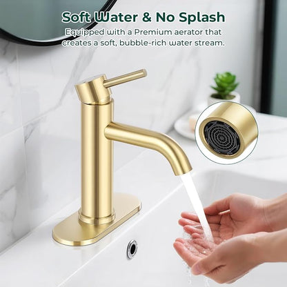Bathroom Faucet, Single Handle Vanity Sink Faucet, Brushed Gold | Brushed Gold, for 1/3-Hole, Stainless Steel, Ceramic Cartridge, Pop-Up Drain, Deck Plate, For Vanity Powder Laundry