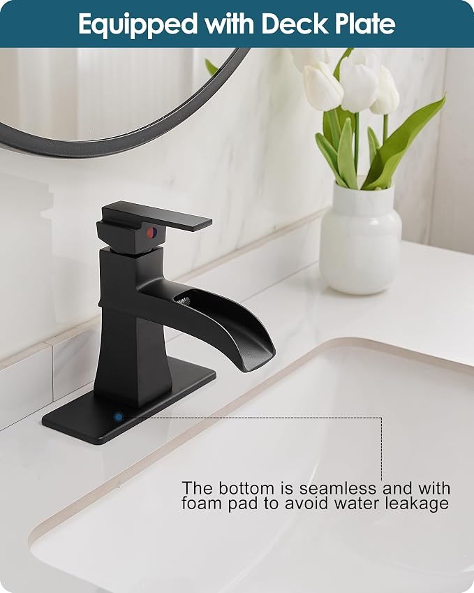 Waterfall Bathroom Faucet Black, Brass Bathroom Faucets One Hole or 3 Hole 4 Inch, Single Handle with Deck Plate & Water Hoses for Morden Lavatory Vanity RV, Not Equipped Pop-up Drain