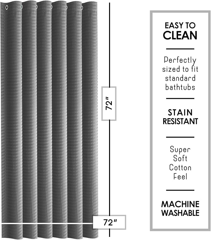 Clara Clark Grey Shower Curtain - Hotel Quality Waffle Fabric Bath Curtain 72x72, Heavy Duty Waterproof Shower Curtains for Bathroom